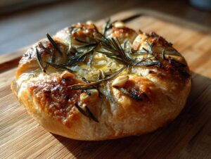 Złocisty camembert pieczony z rozmarynem i czosnkiem na desce do krojenia.