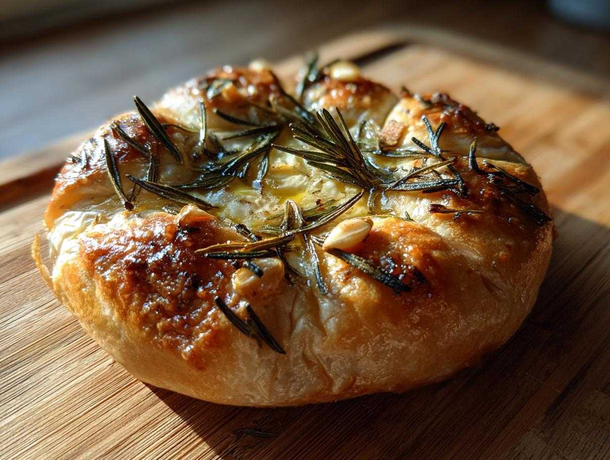 Złocisty camembert pieczony z rozmarynem i czosnkiem na desce do krojenia.