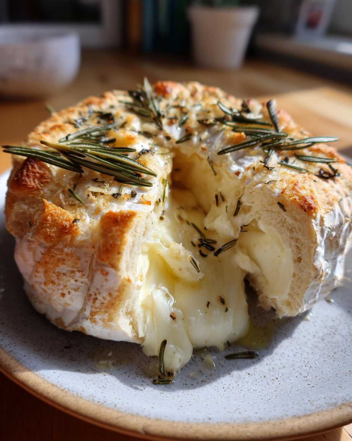Gorący Camembert pieczony z rozmarynem, ser wypływa z ciasta na talerzu.