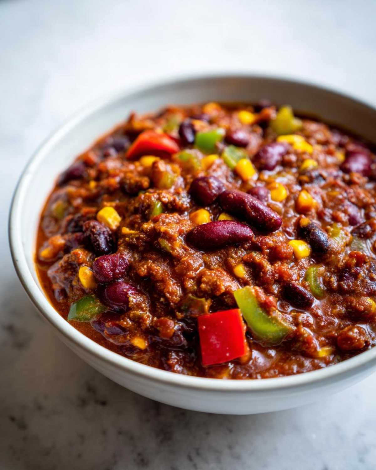 Zbliżenie na miskę pełną aromatycznego chili sin carne z fasolą, kukurydzą i papryką.