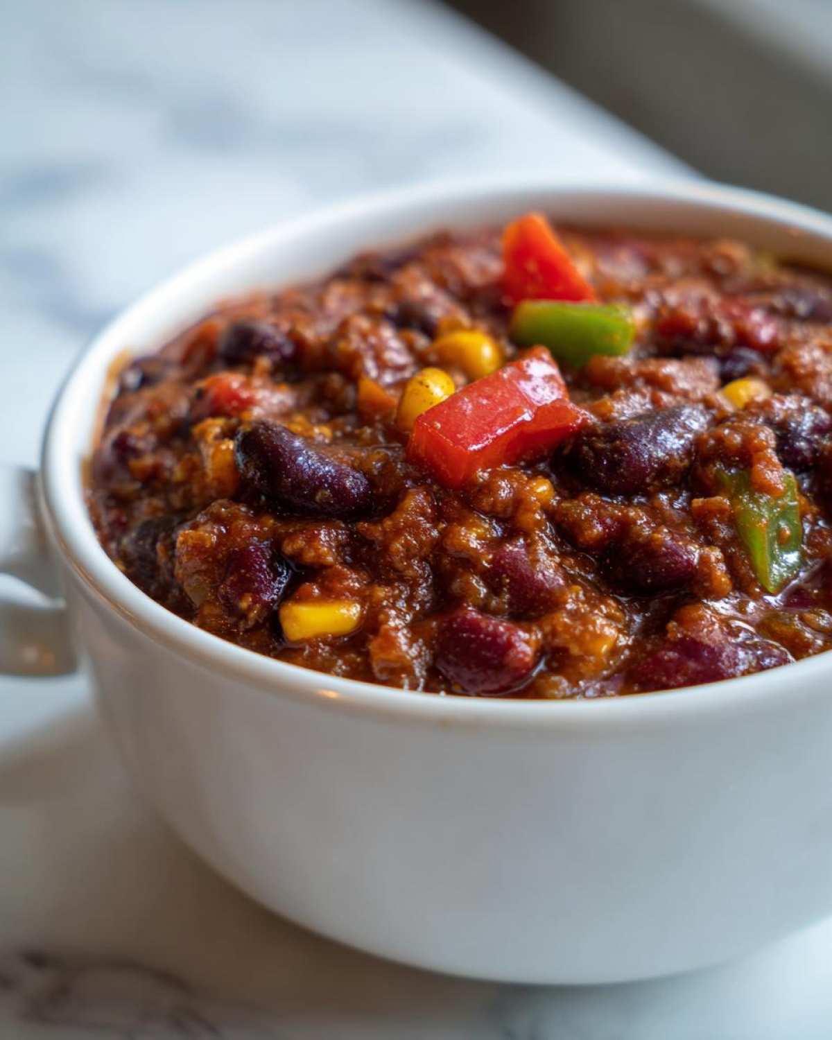 Zbliżenie na gęste, aromatyczne chili sin carne z fasolą i kukurydzą w białej misce.
