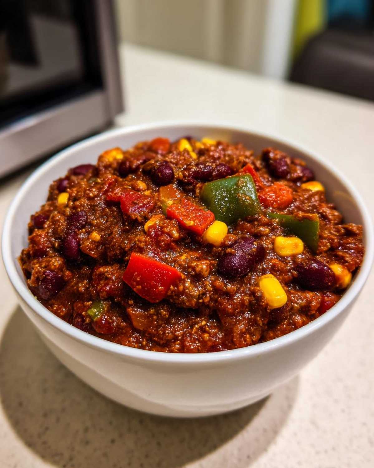 Zbliżenie na miskę pełną aromatycznego chili sin carne z fasolą, kukurydzą i papryką.