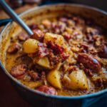Łyżka nakłada porcję pysznego Chłopskiego garnka z ziemniakami, kiełbasą i boczkiem.