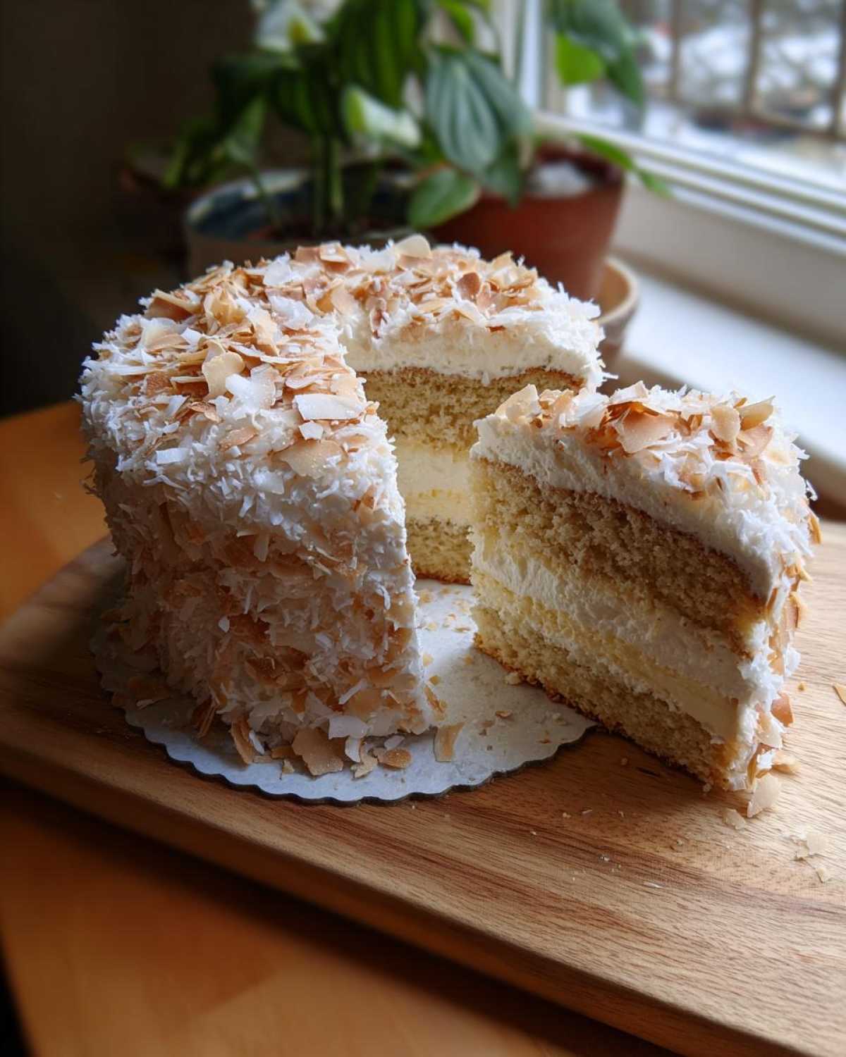 Pokrojone Ciasto Rafaello z kremem i wiórkami kokosowymi na drewnianej desce.