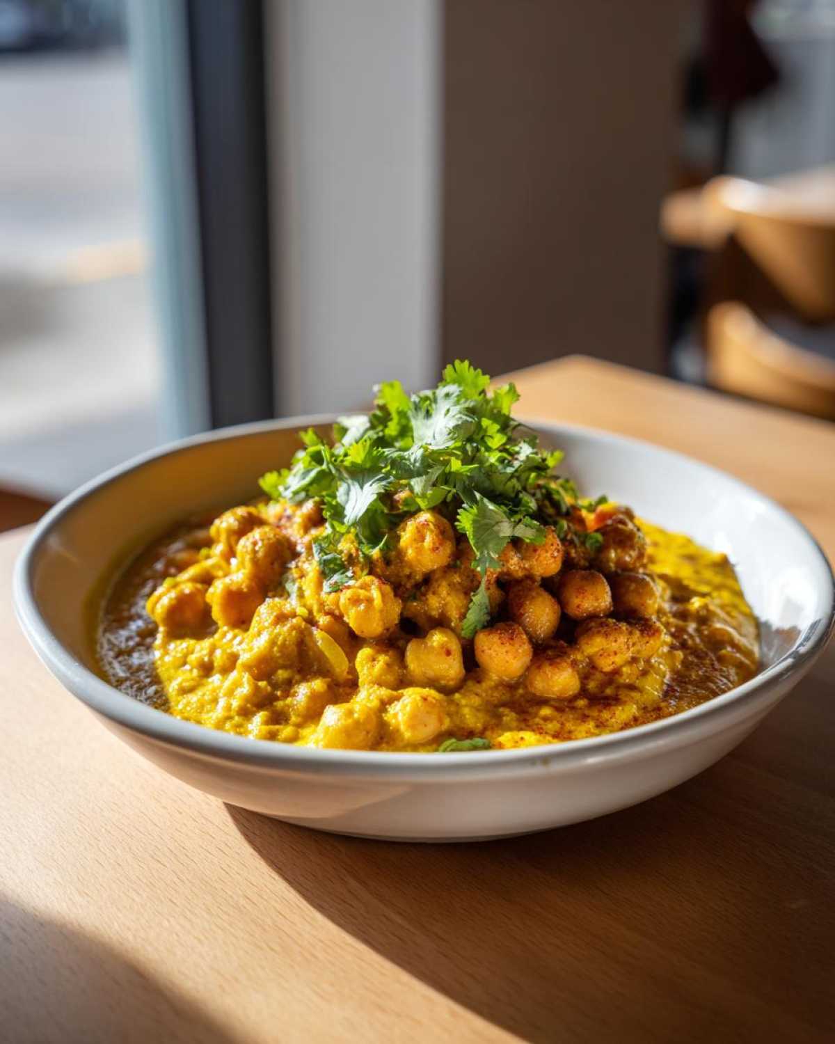Zbliżenie na miskę pełną aromatycznej ciecierzycy w curry, udekorowanej świeżą kolendrą.