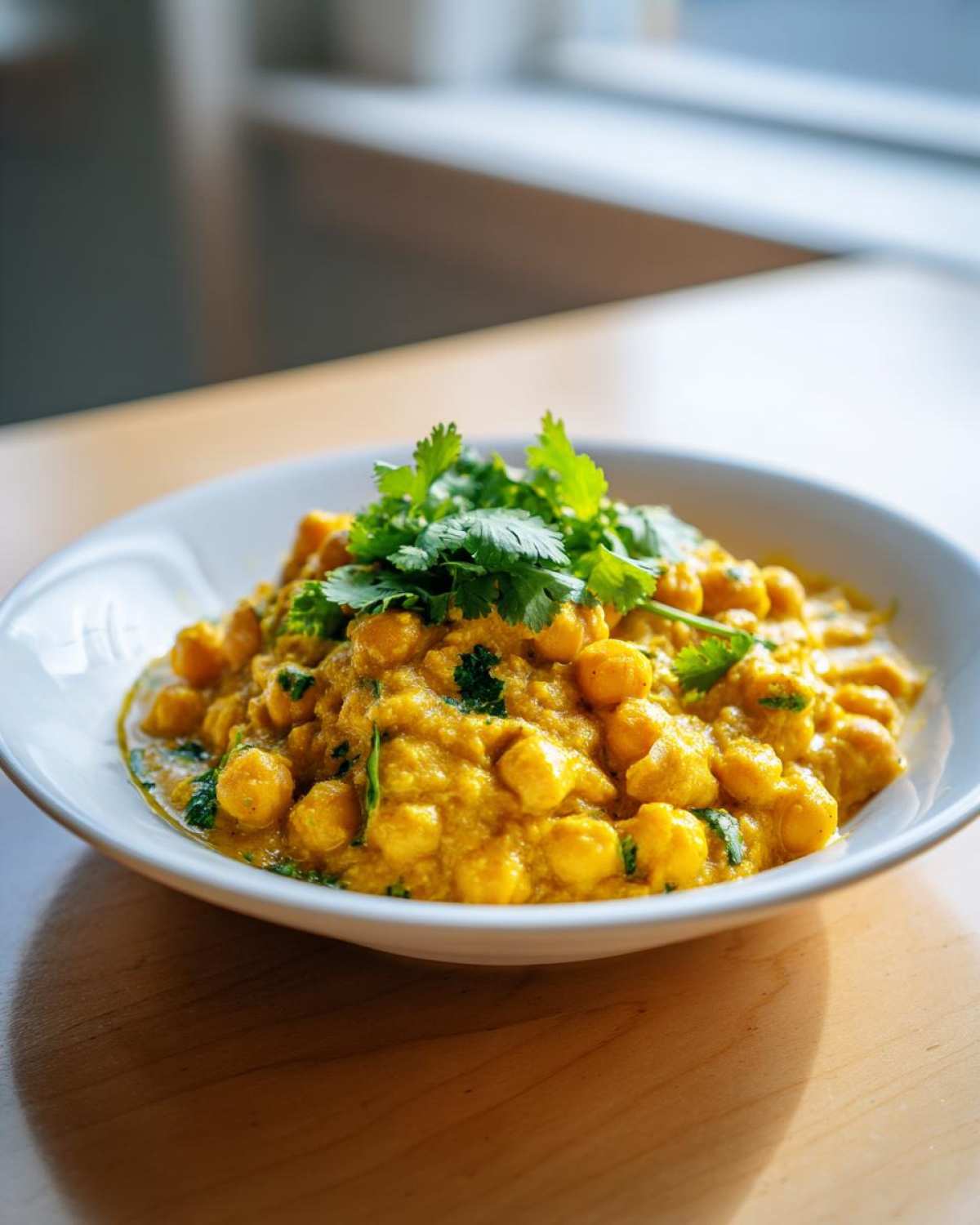 Zbliżenie na miskę z kremową, żółtą ciecierzycą w curry, udekorowaną świeżą kolendrą.