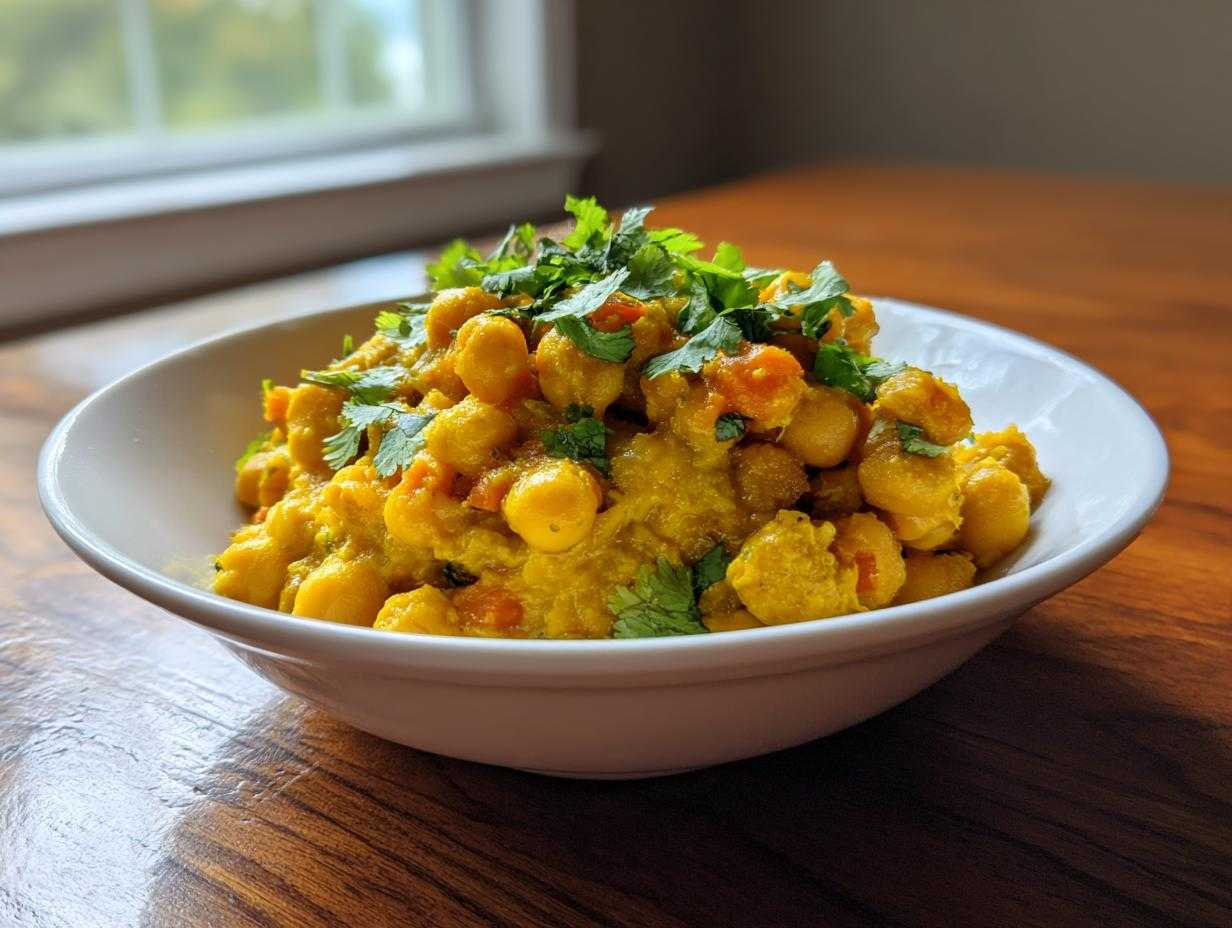 Miseczka pełna aromatycznej ciecierzycy w curry, udekorowana świeżą kolendrą.