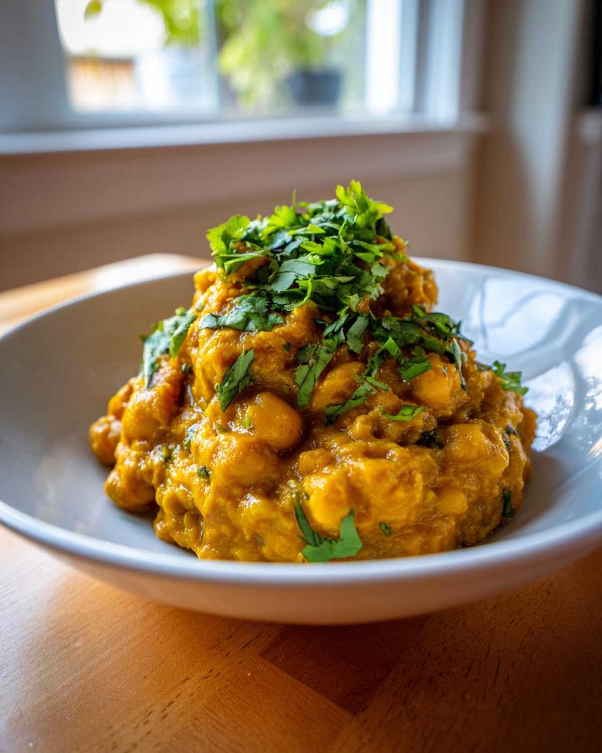 Miseczka kremowej, żółtej ciecierzycy w curry, obficie posypana świeżą kolendrą.