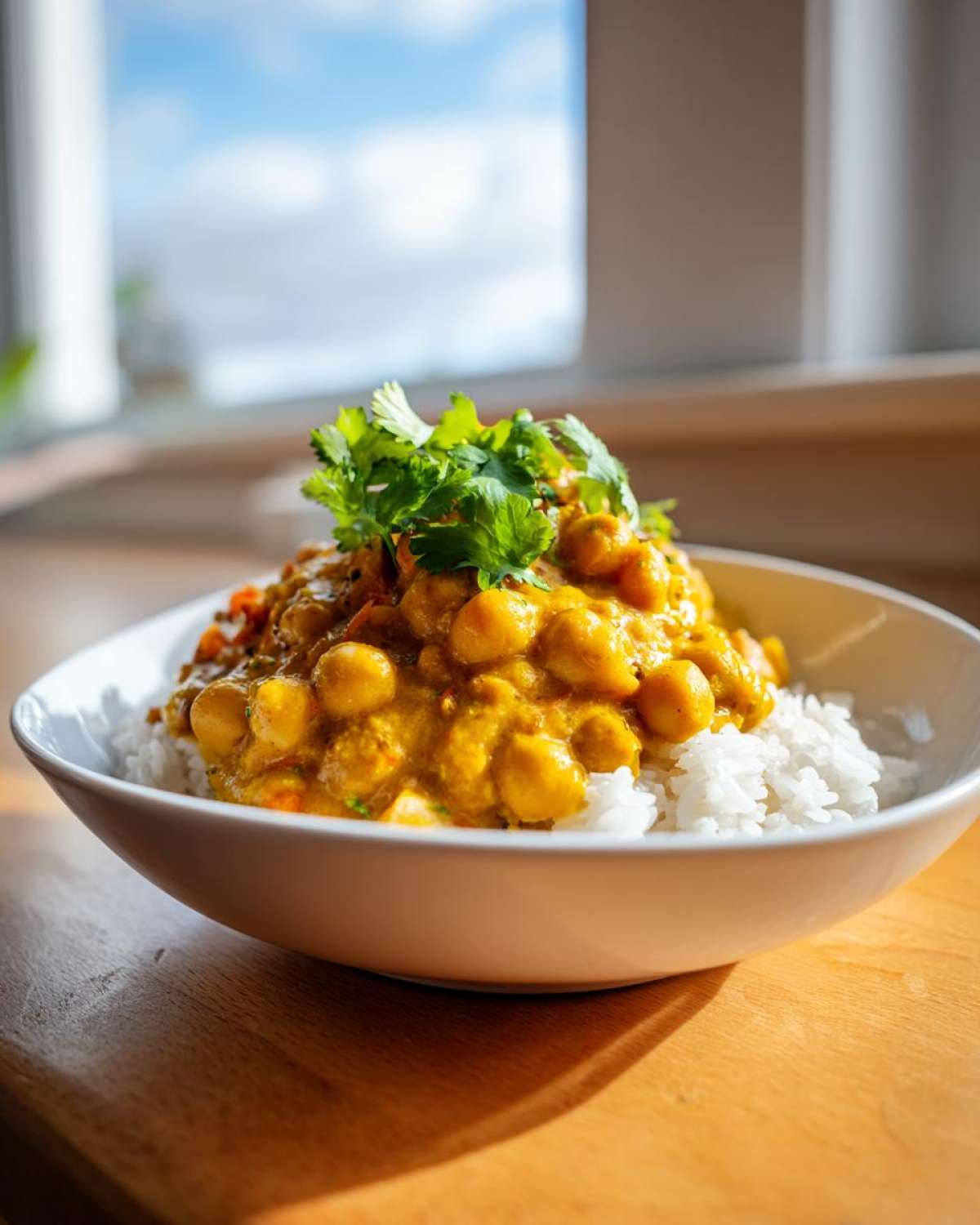 Miseczka aromatycznej ciecierzycy w curry na białym ryżu, udekorowana świeżą kolendrą.