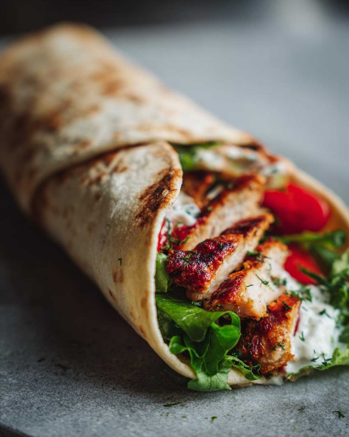 Domowy Kebab z Kurczaka zawinięty w tortillę z soczystym kurczakiem, świeżą sałatą i pomidorami.