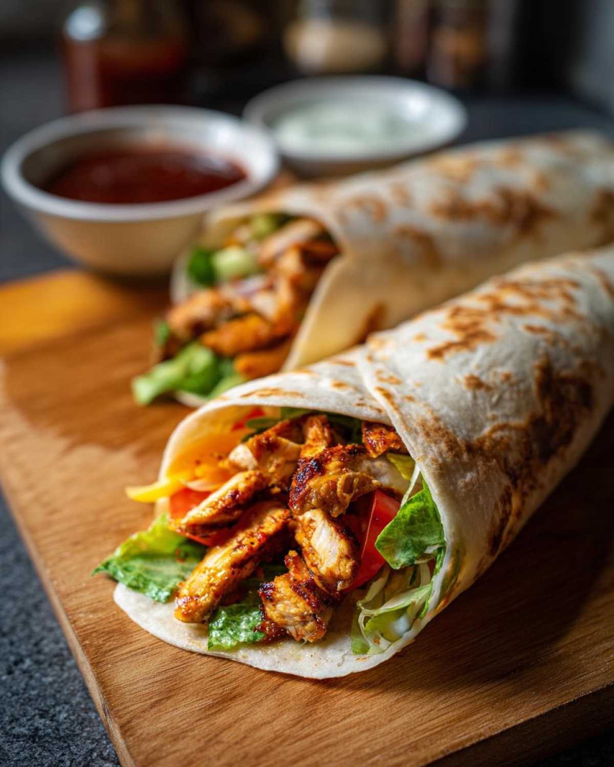 Dwa domowe kebaby z kurczaka na desce, z widocznym grillowanym mięsem, warzywami i sosem.