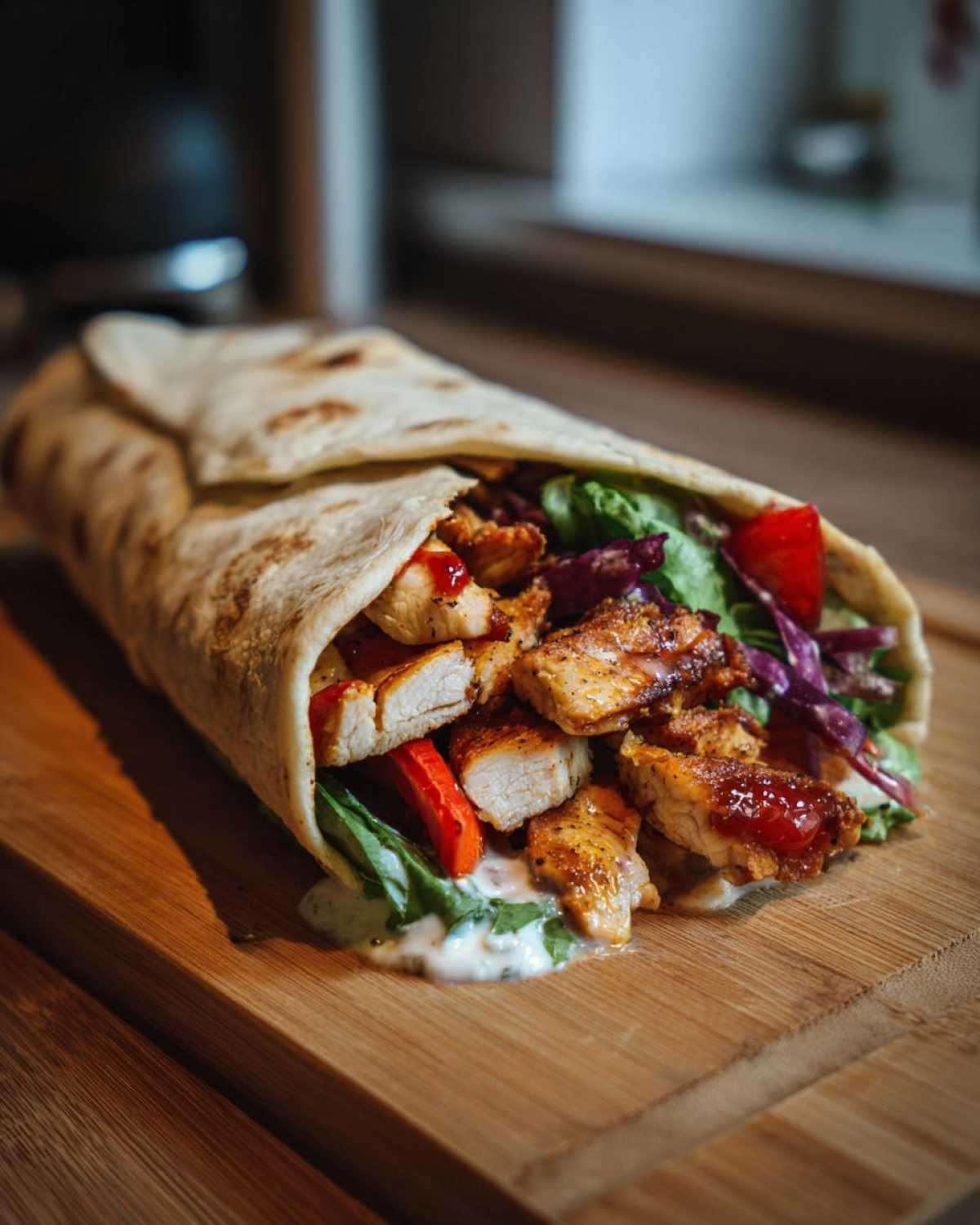 Zbliżenie na domowy kebab z kurczaka w tortilli, wypełniony soczystym mięsem, warzywami i sosem.