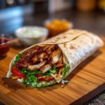Domowy kebab z kurczaka w tortilli z warzywami i sosem, podany na desce.
