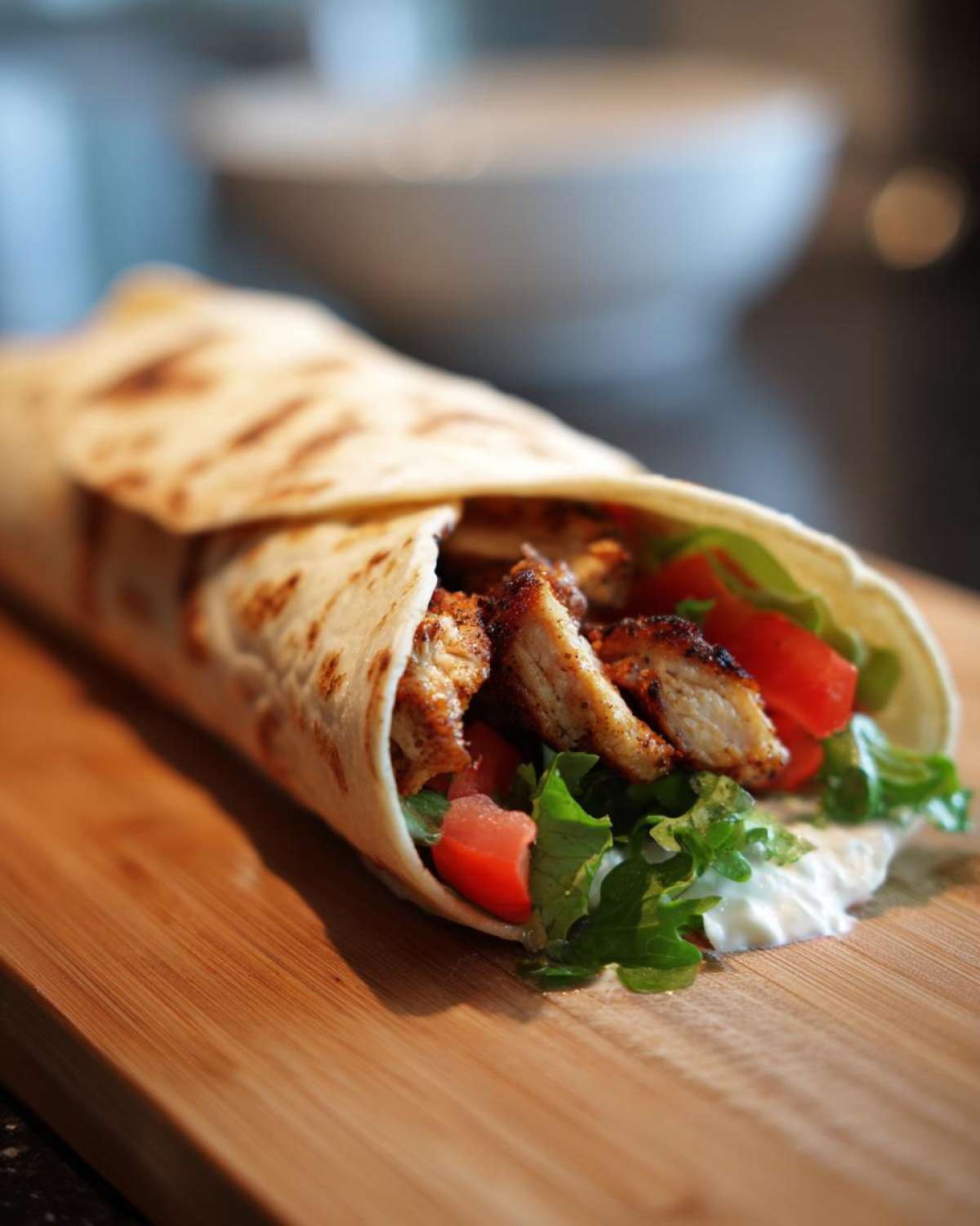Zbliżenie na domowy kebab z kurczaka z sałatą, pomidorami i sosem na desce.