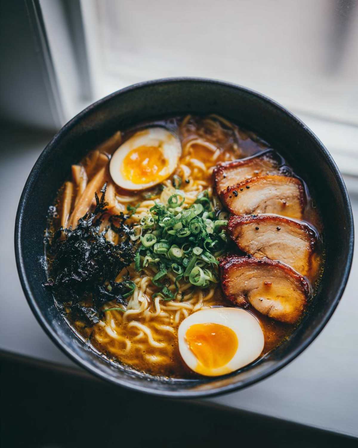 Miseczka domowego ramenu z makaronem, plastrami chashu, połówkami jajka na miękko i szczypiorkiem.