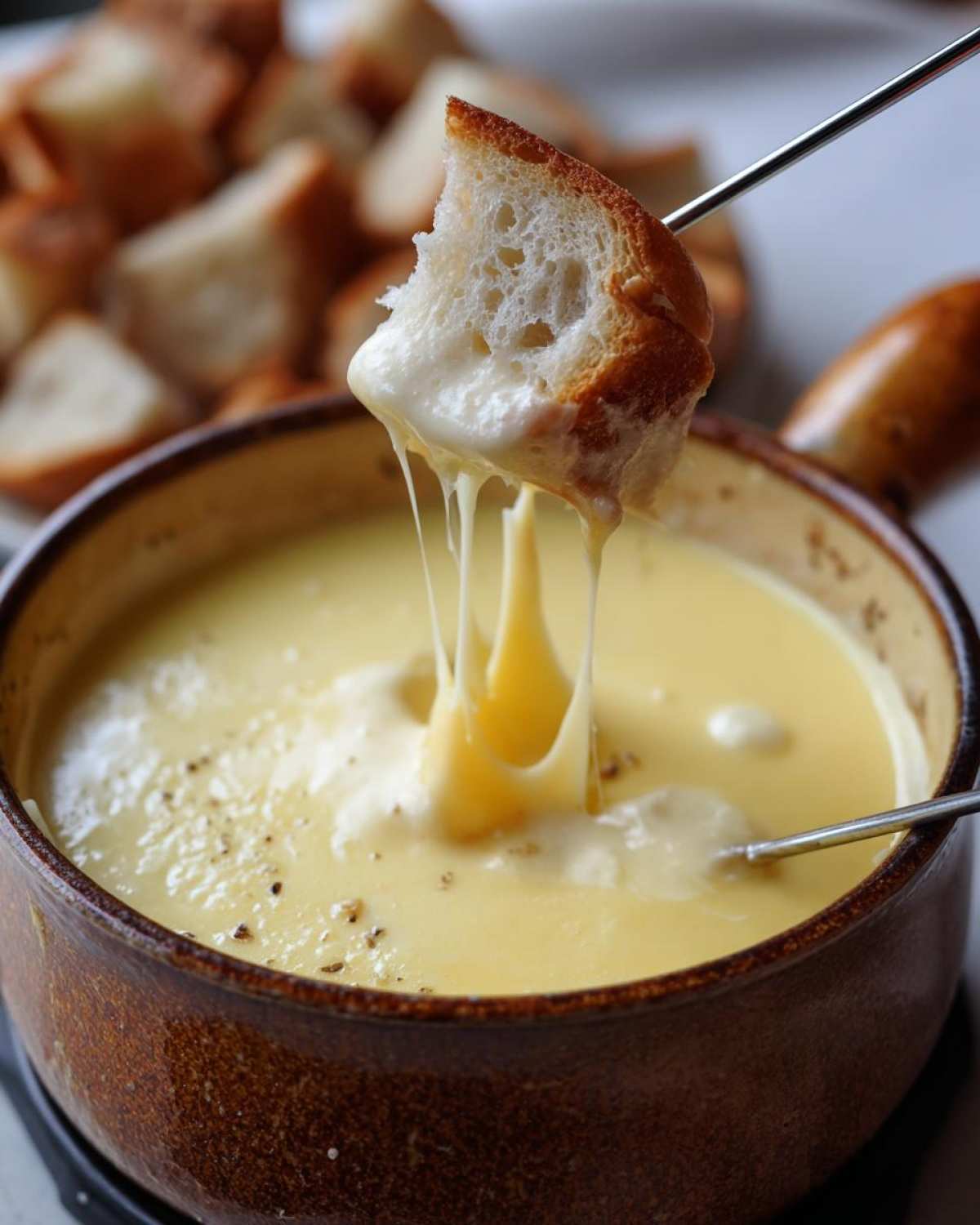 Kawałek chleba zanurzony w gorącym serowym fondue, ciągnący się ser.