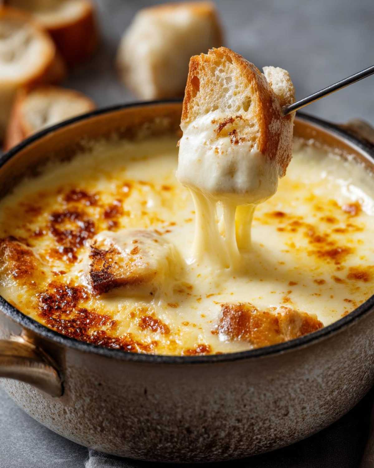 Kawałek chleba zanurzony w gorącym, ciągnącym się fondue serowym, w tle kromki chleba.