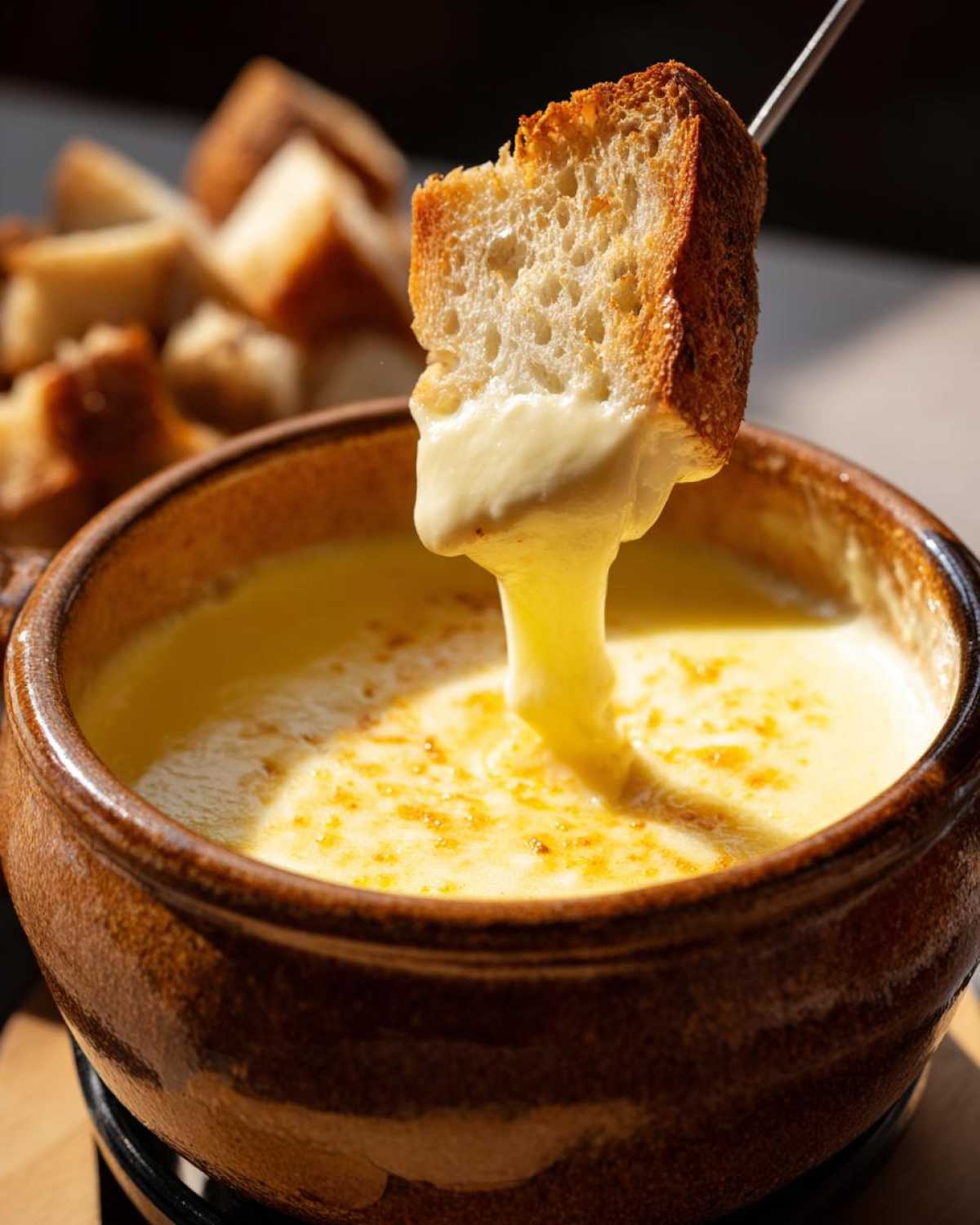Kawałek grzanki zanurzony w gorącym, ciągnącym się fondue serowym.