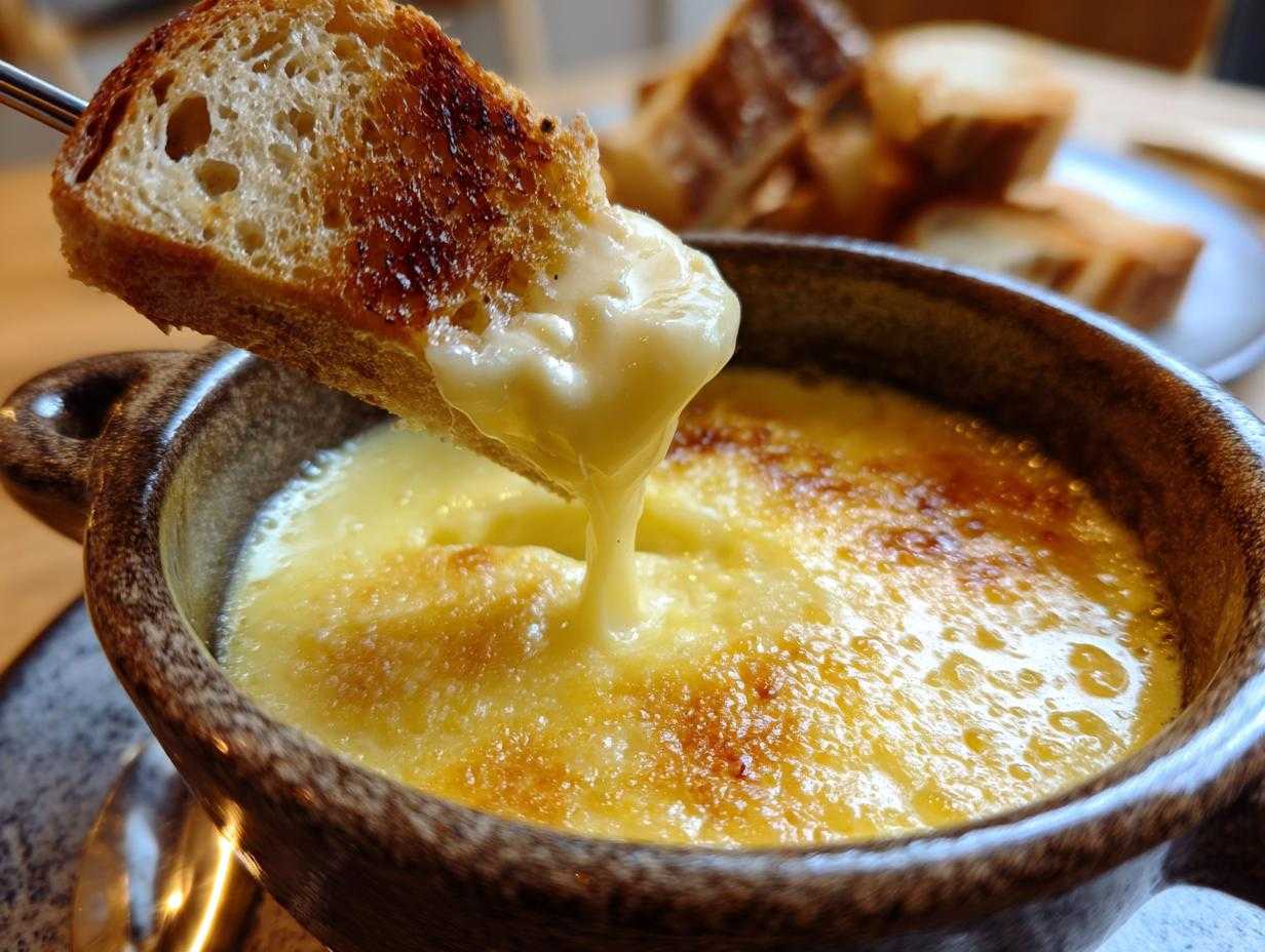 Kawałek grzanki zanurzony w gorącym, ciągnącym się fondue serowym.