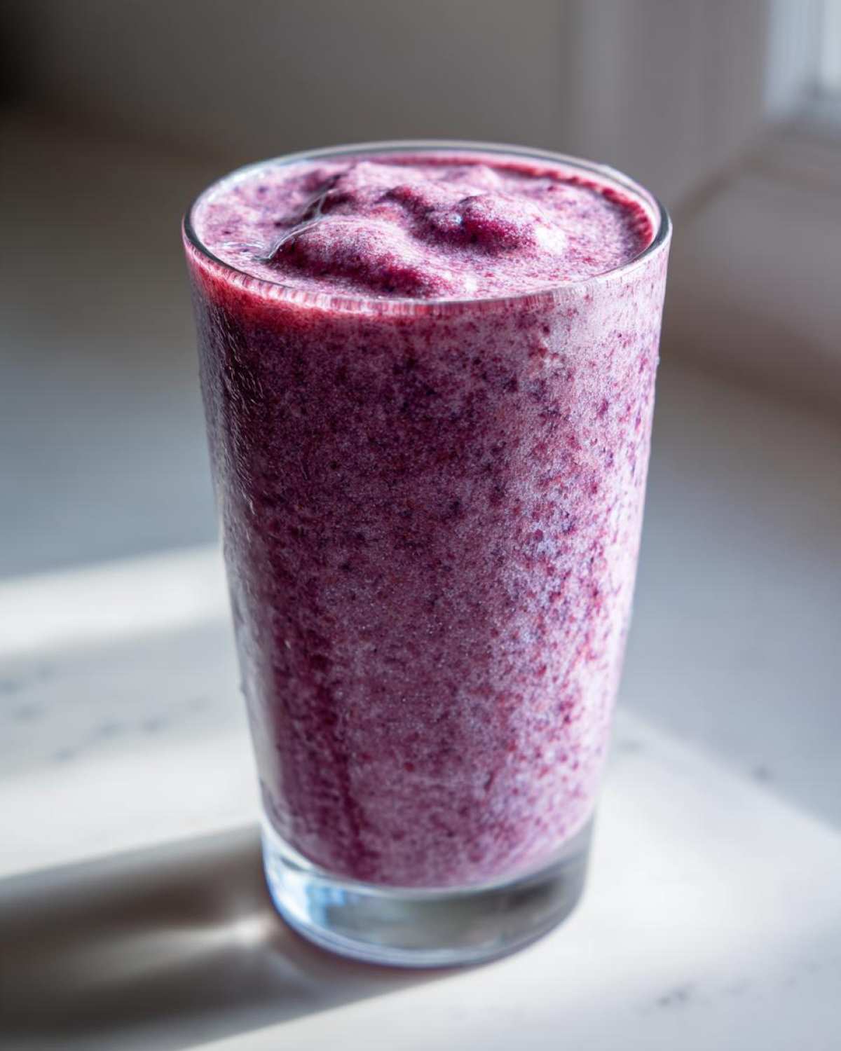 Zbliżenie na gęsty, purpurowy shake jagodowy w wysokiej szklance, ustawiony na jasnym blacie.