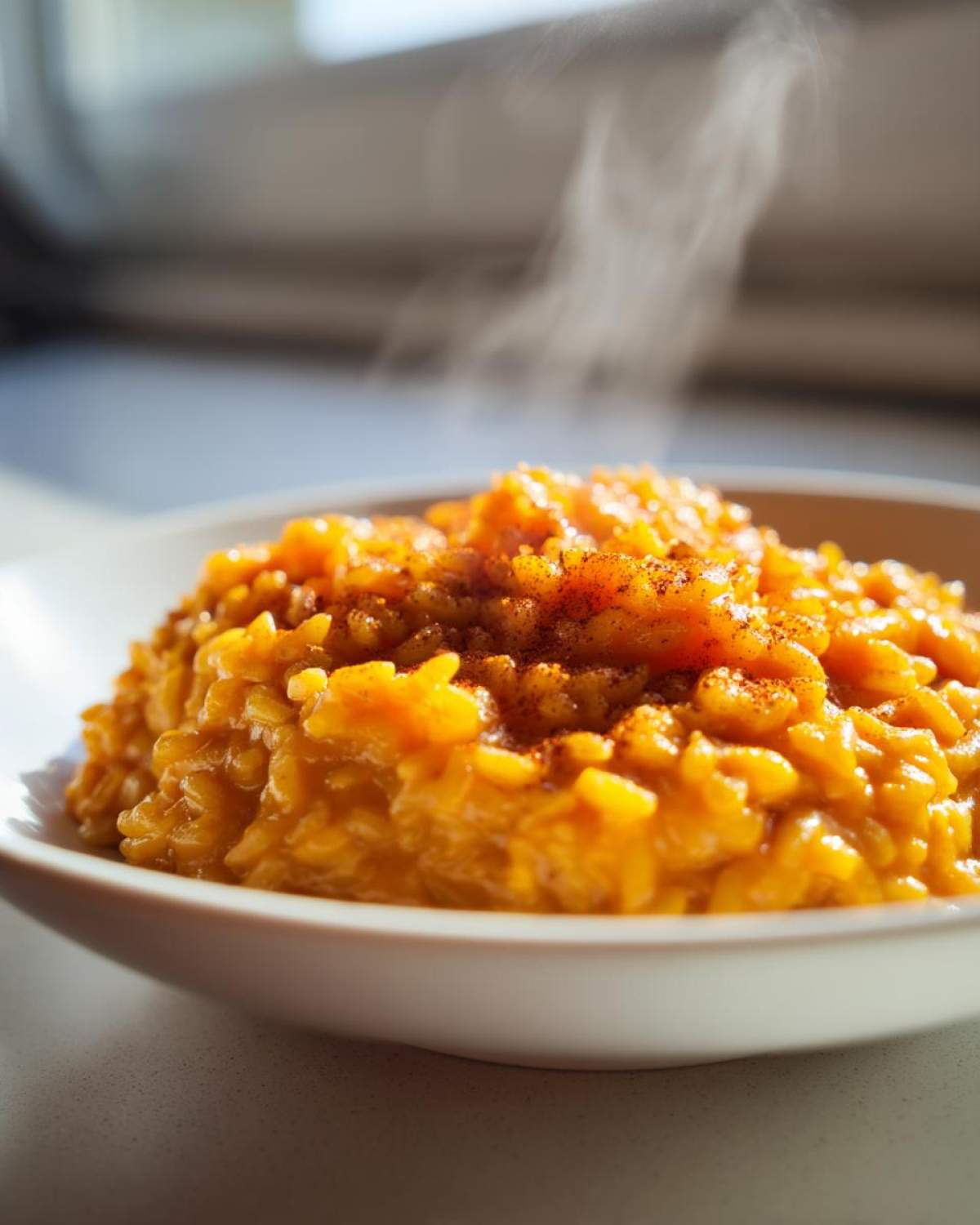 Zbliżenie na gorące, kremowe risotto z dyni posypane przyprawą, parujące delikatnie.