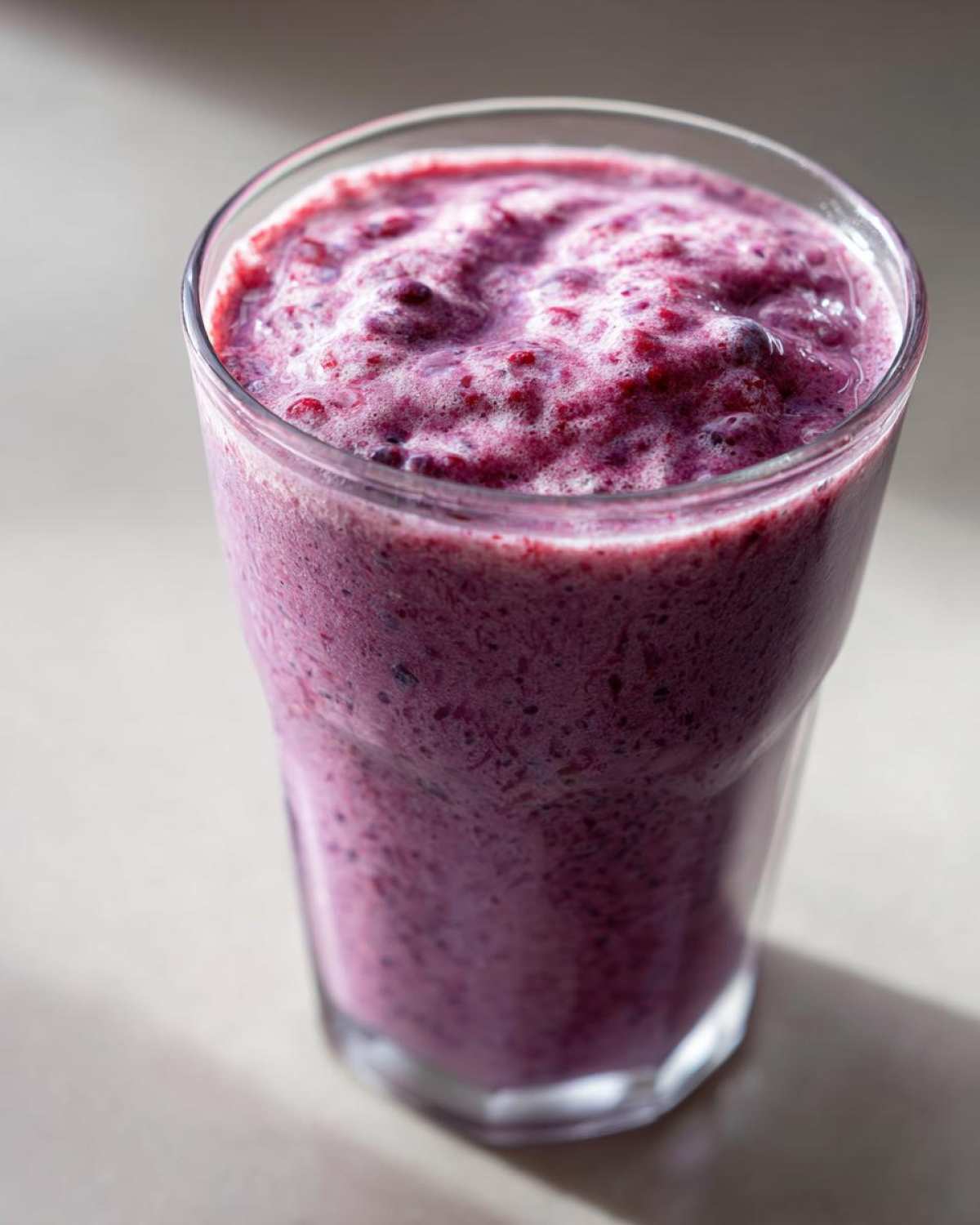 Zbliżenie na gęsty, fioletowy shake jagodowy z pianką na wierzchu w wysokiej szklance.