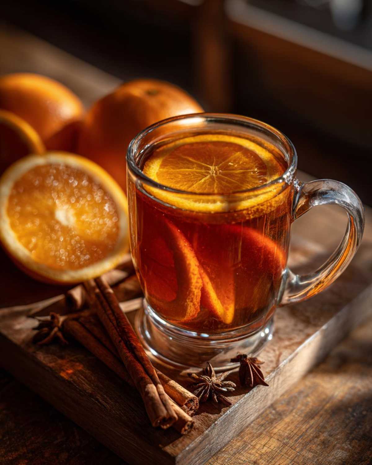 Szklanka aromatycznej herbaty zimowej z pomarańczą, laskami cynamonu i anyżem na drewnianej desce.