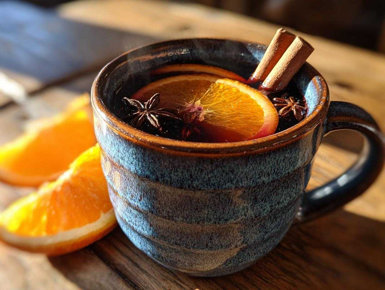 Kubek pełen aromatycznej herbaty zimowej z pomarańczą, laskami cynamonu i anyżem.