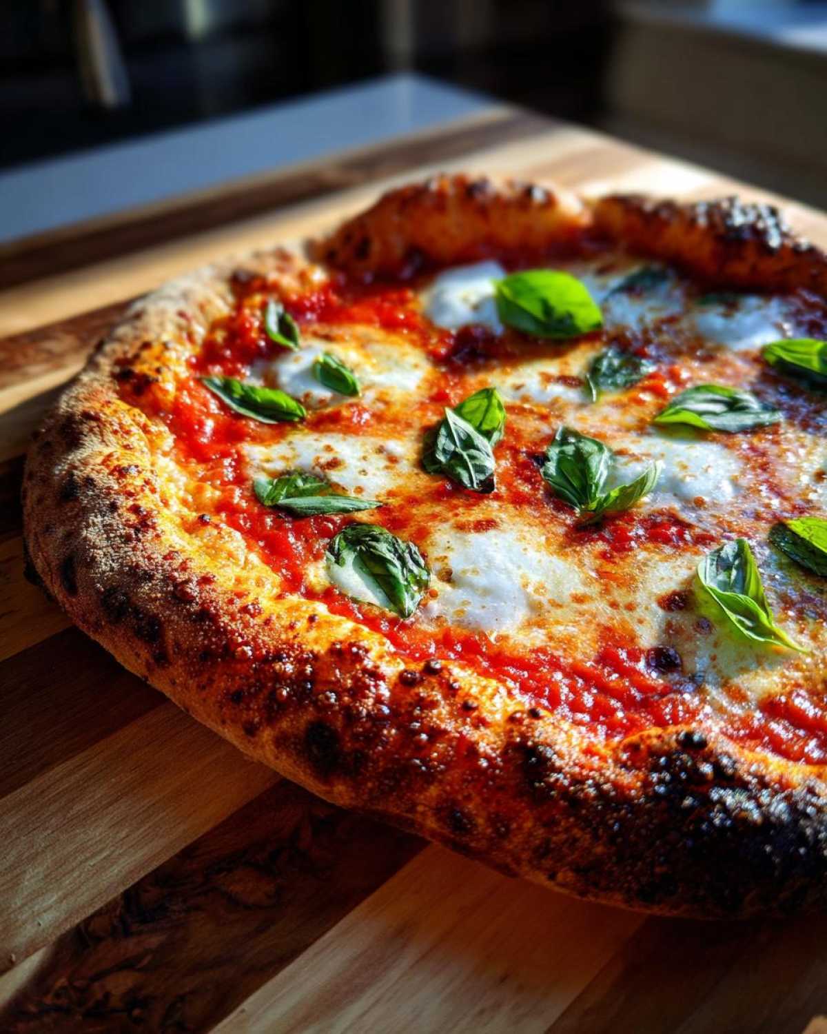 Zbliżenie na świeżo upieczoną pizzę margherita z roztopioną mozzarellą, sosem pomidorowym i liśćmi bazylii.