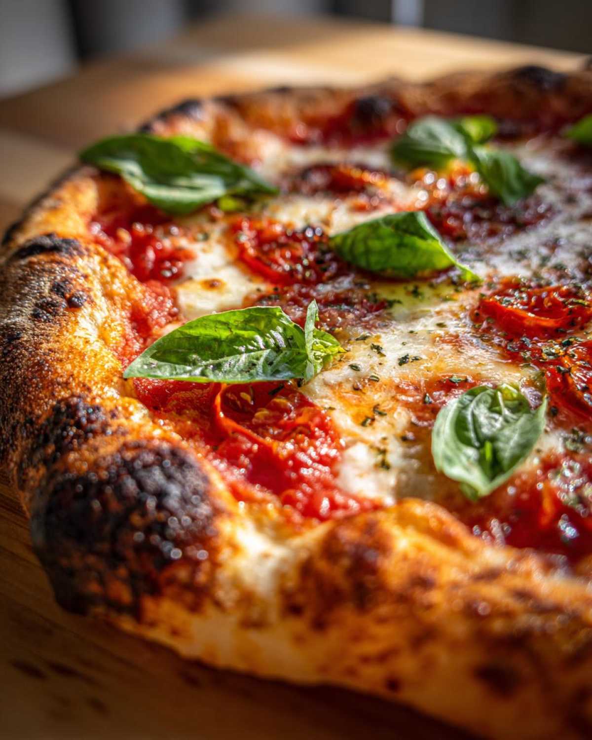Zbliżenie na świeżo upieczoną pizzę margherita z ciągnącym się serem, sosem pomidorowym i liśćmi świeżej bazylii.
