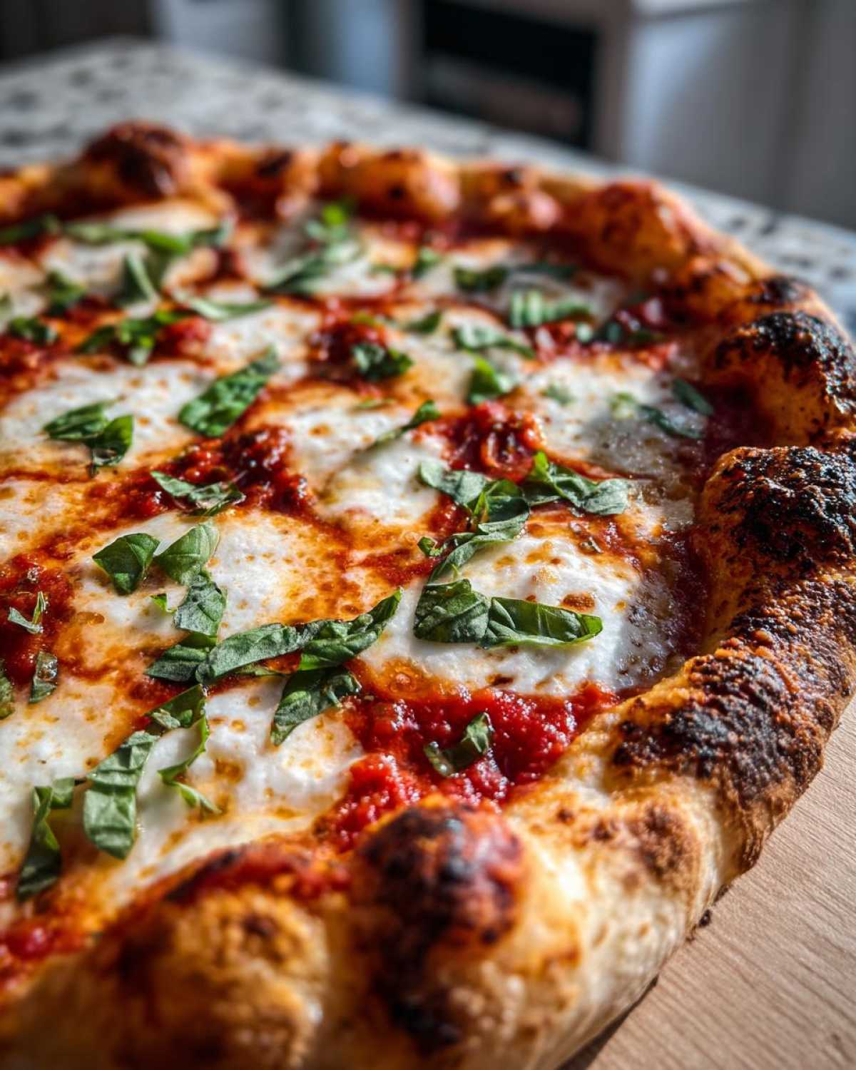 Zbliżenie na świeżo upieczoną pizzę margherita z roztopionym serem, sosem pomidorowym i świeżą bazylią.