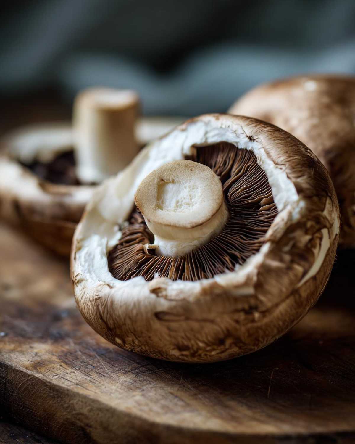 Zbliżenie na świeże grzyby portobello, pokazujące ich kapelusze i blaszki, idealne do kapusty z grzybami.