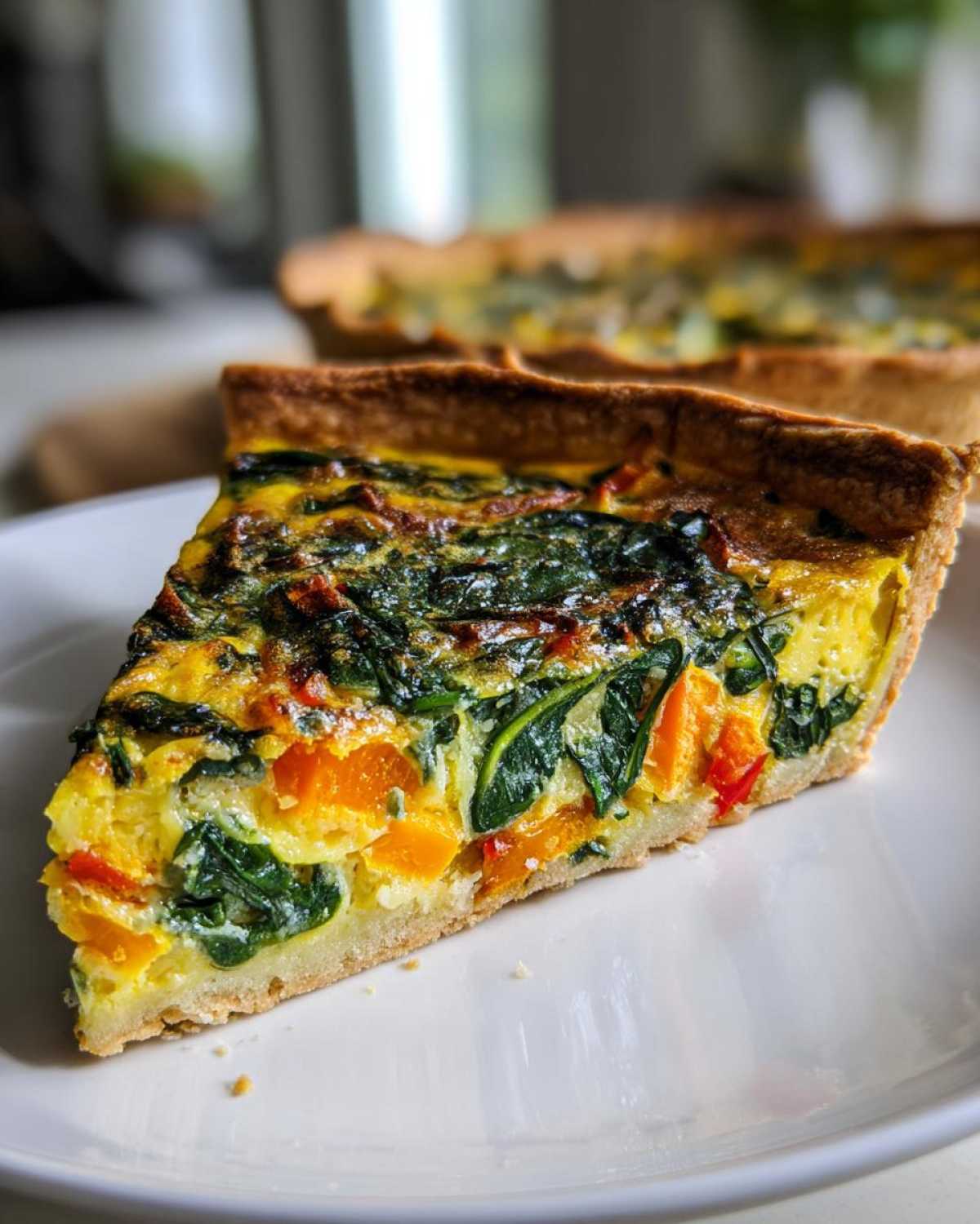 Zbliżenie na kawałek quiche z warzywami, widoczne szpinak i pomarańczowe warzywa w jajecznej masie.