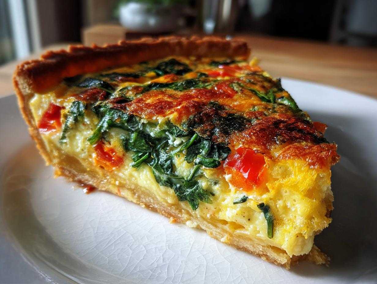 Zbliżenie na kawałek quiche z warzywami, szpinakiem i pomidorami na białym talerzu.