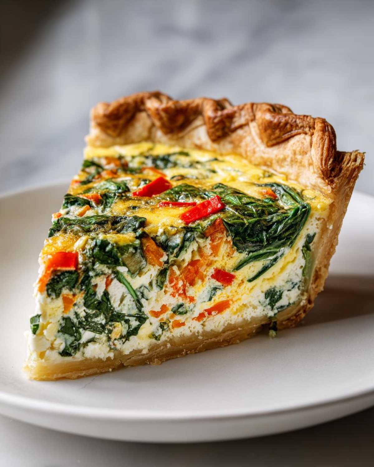 Zbliżenie na kawałek quiche z warzywami, szpinakiem i czerwoną papryką na białym talerzu.