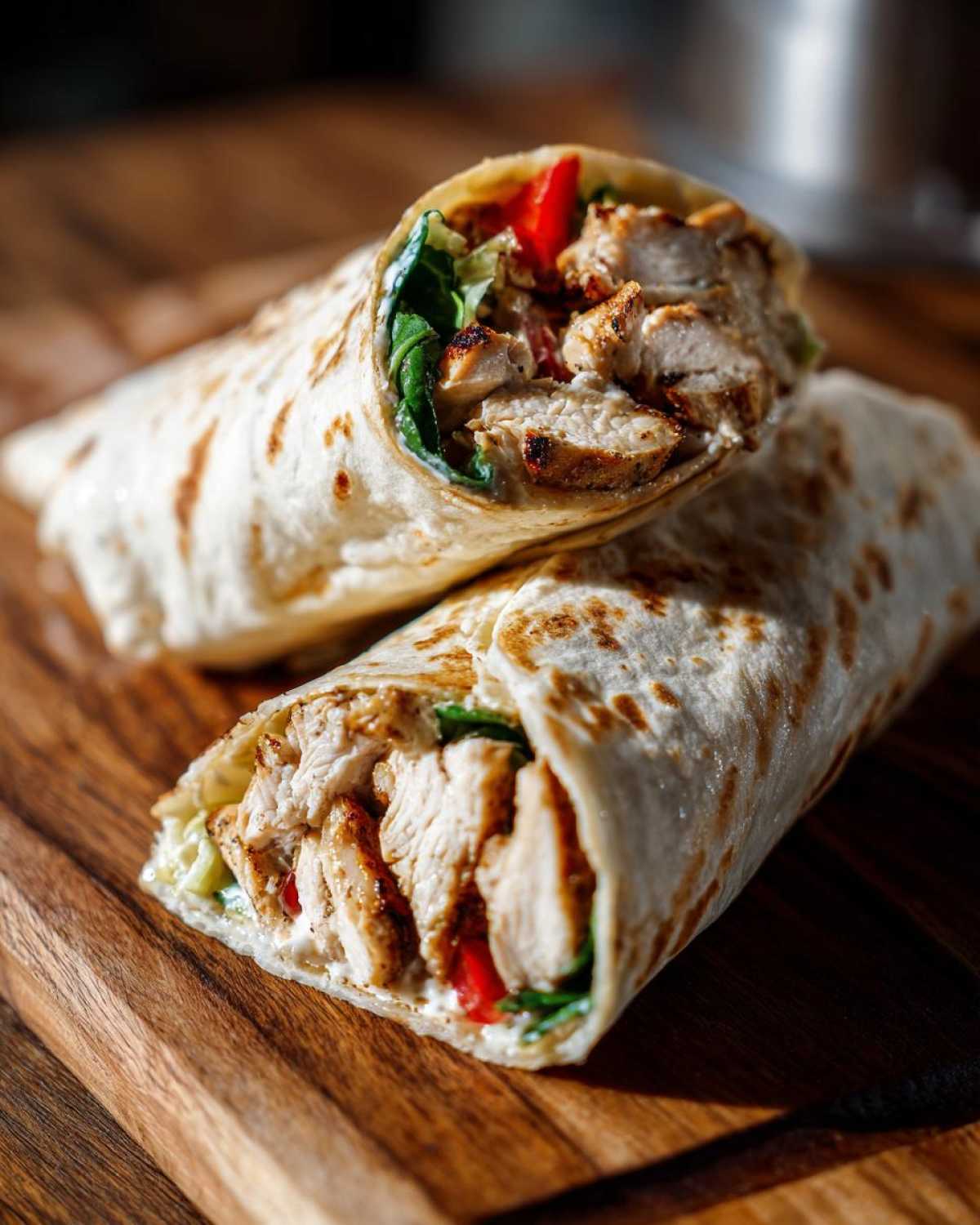 Zbliżenie na pyszny kebab domowy z kurczaka, z widocznym mięsem, warzywami i sosem, zawinięty w tortillę.