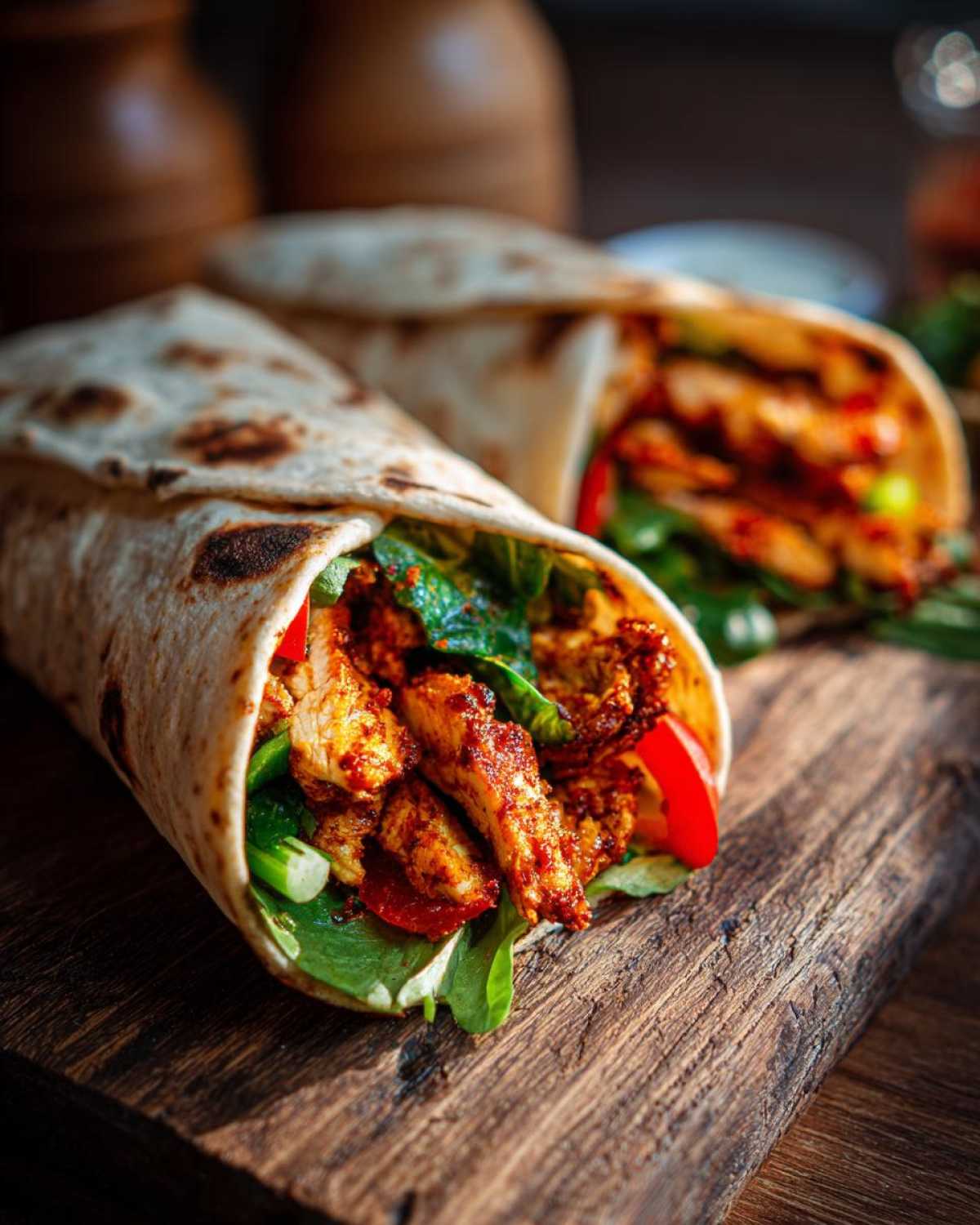 Zbliżenie na pyszny kebab domowy z kurczaka z warzywami zawinięty w tortillę, podany na drewnianej desce.