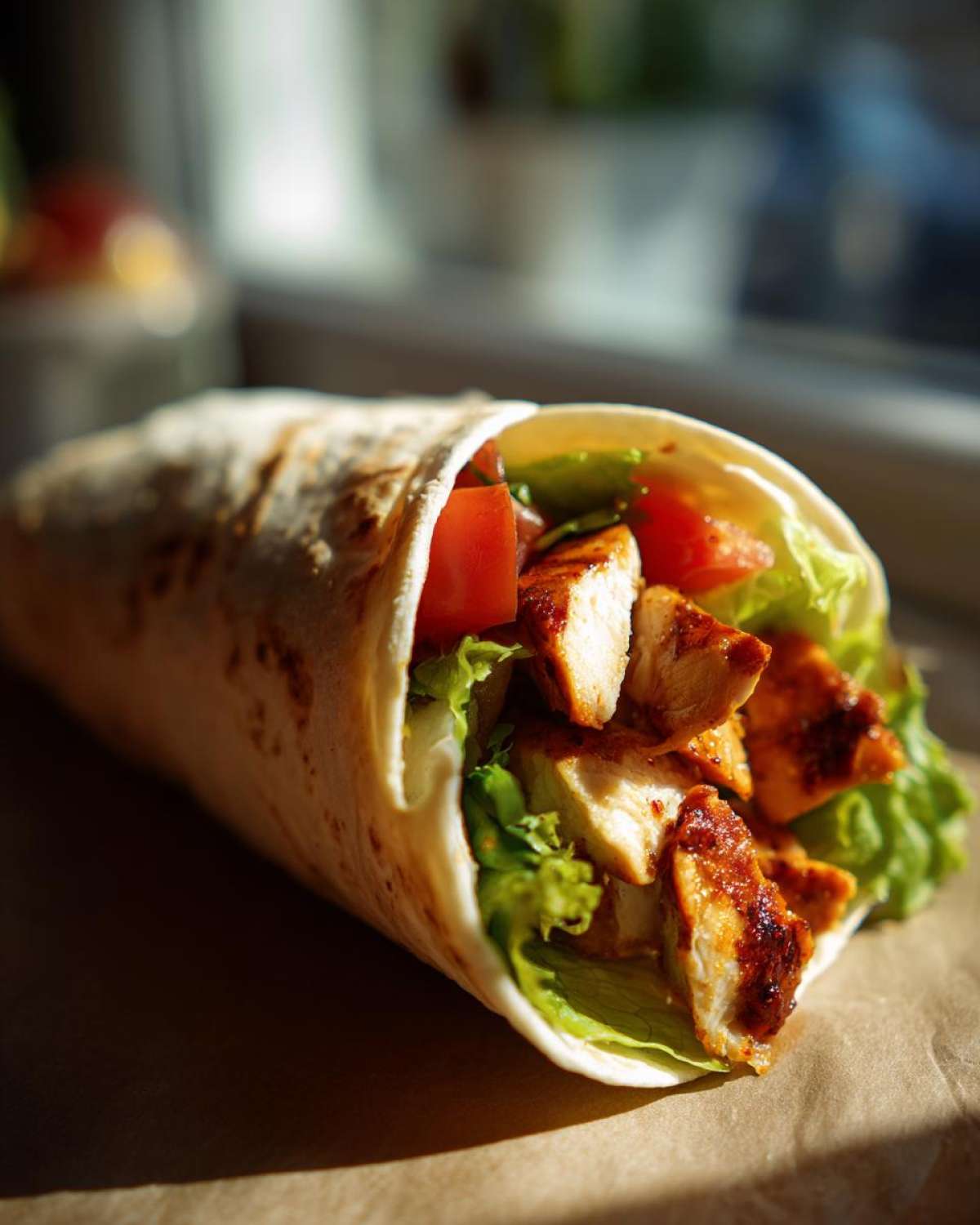 Zbliżenie na pyszny kebab domowy z kurczaka z sałatą i pomidorami zawinięty w tortillę.