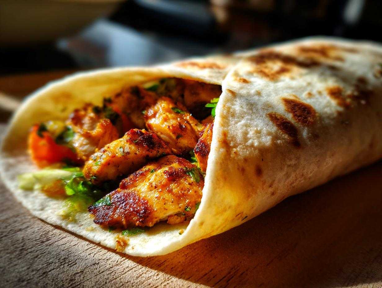 Zbliżenie na pyszny kebab domowy z kurczaka, świeże warzywa i aromatyczne mięso w tortilli.