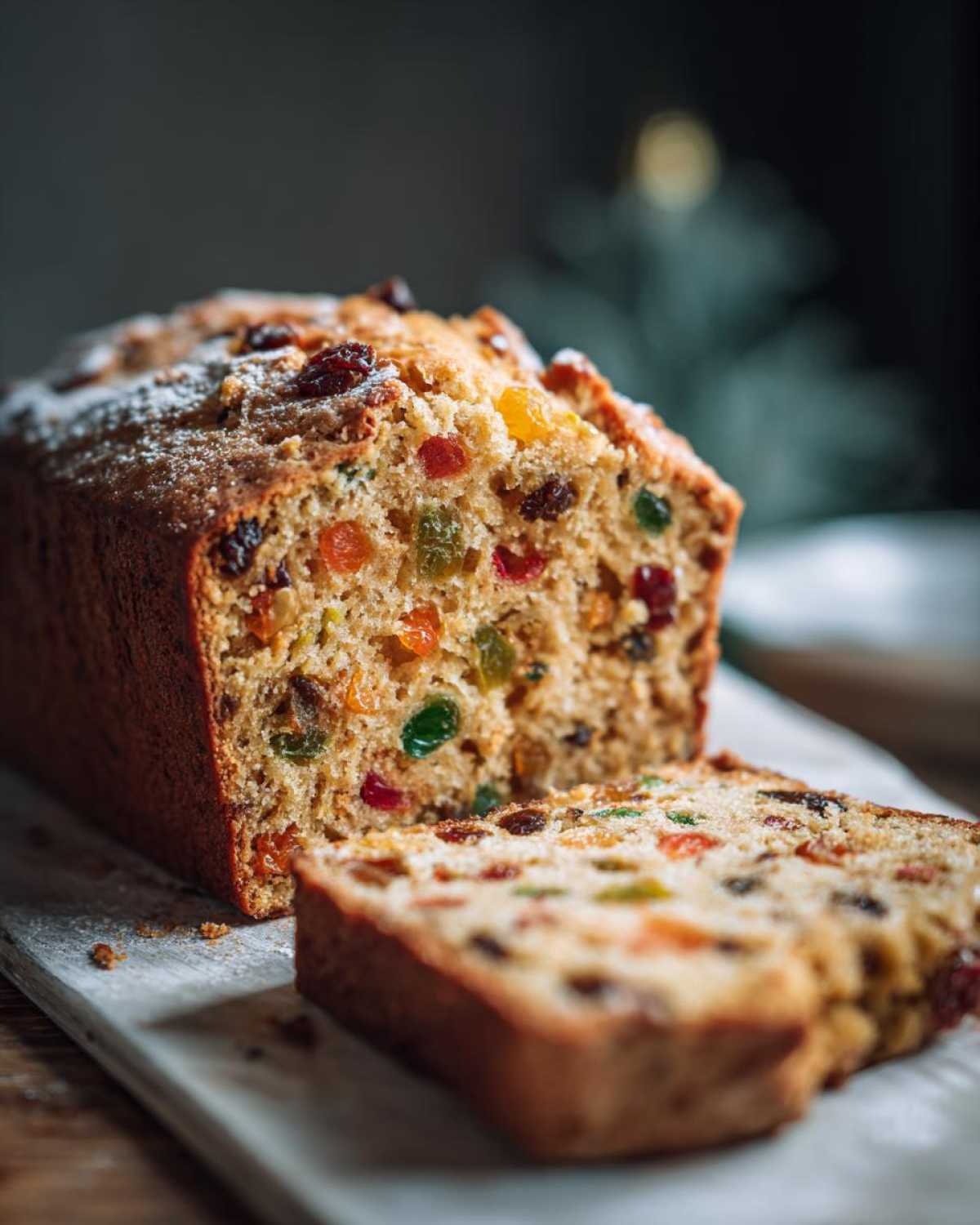 Keks świąteczny z bakaliami, posypany cukrem pudrem, z jednym pokrojonym plasterkiem.