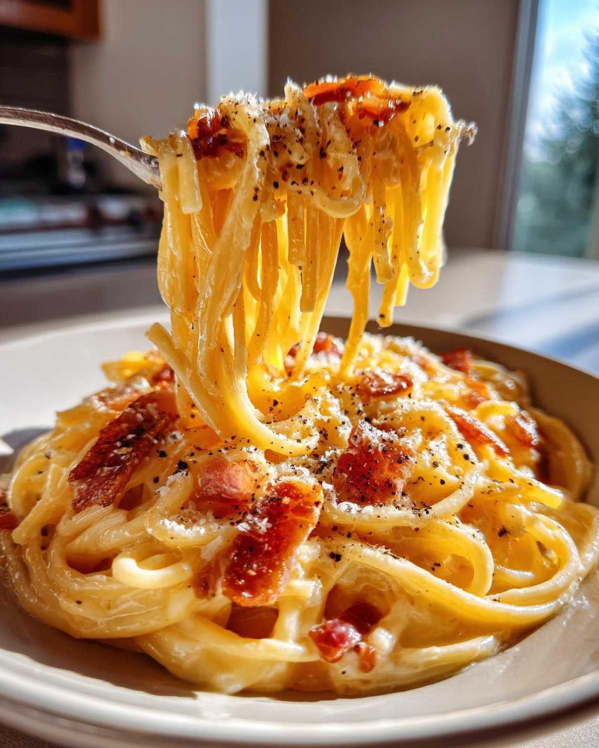 Zbliżenie na kremową pastę carbonara, z widelcem unoszącym porcję makaronu posypanego pieprzem i serem.