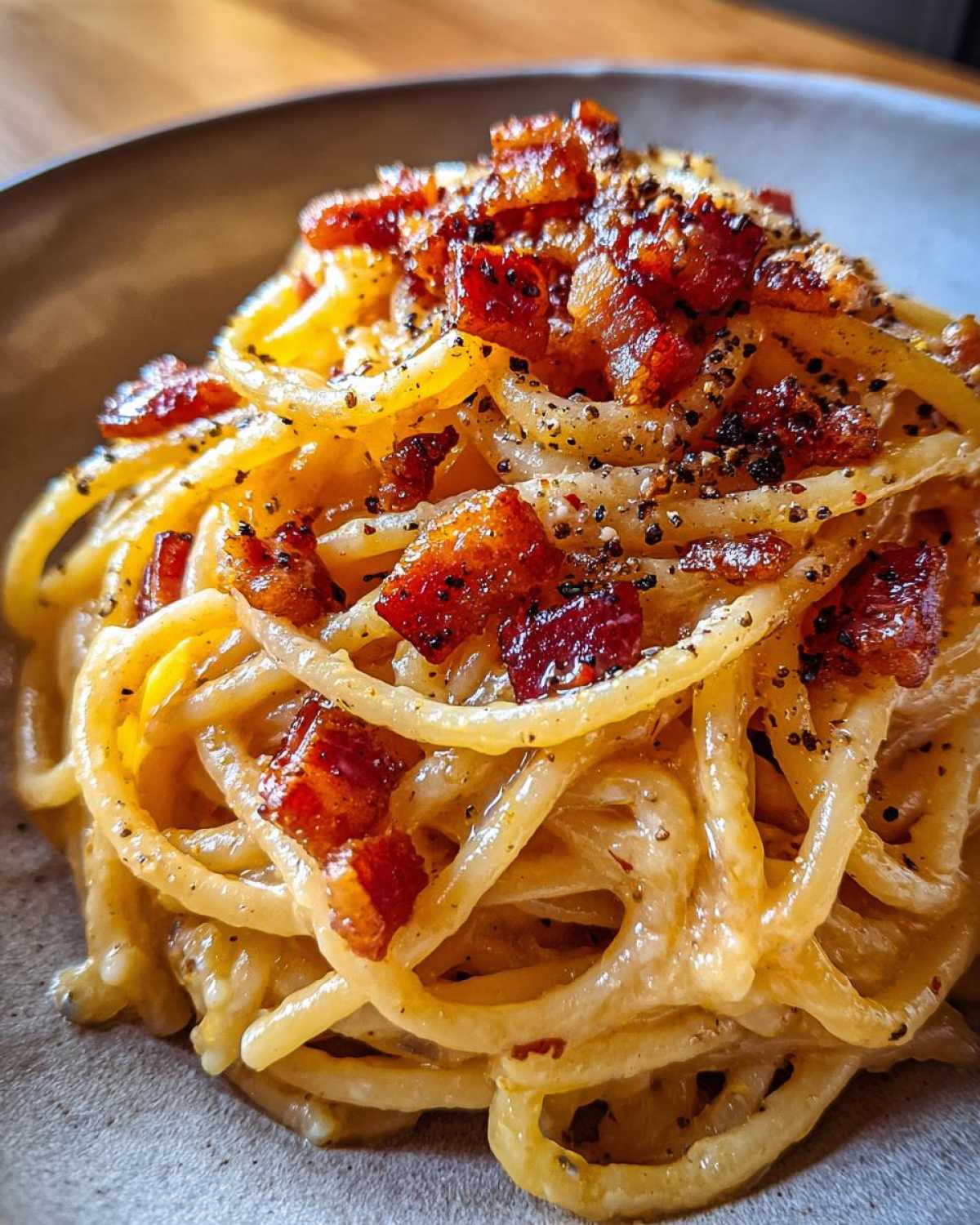 Zbliżenie na porcję kremowej pasty carbonara posypanej świeżo mielonym pieprzem i kawałkami boczku.