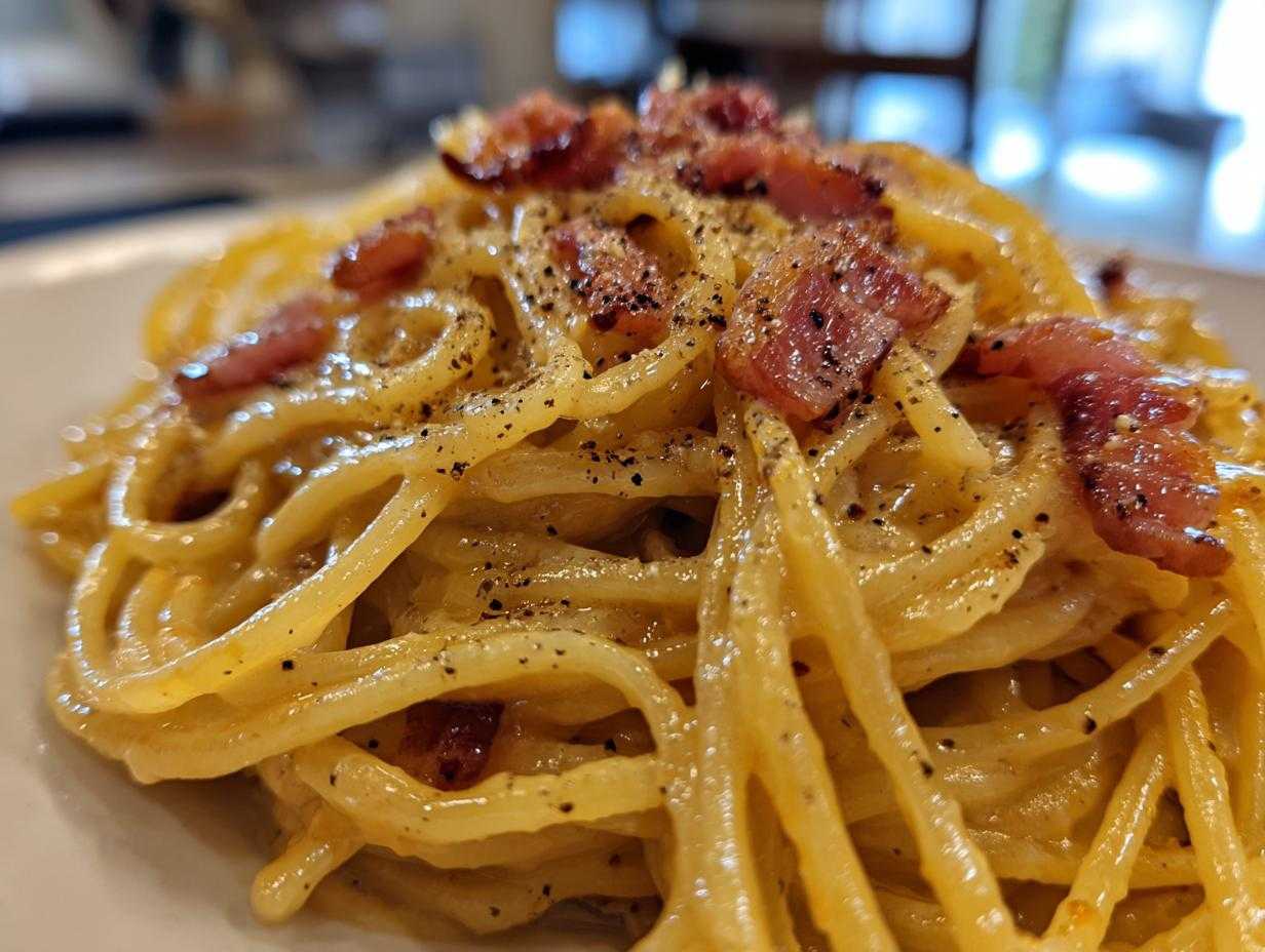 Zbliżenie na kremową pastę carbonara posypaną świeżo mielonym czarnym pieprzem i kawałkami guanciale.