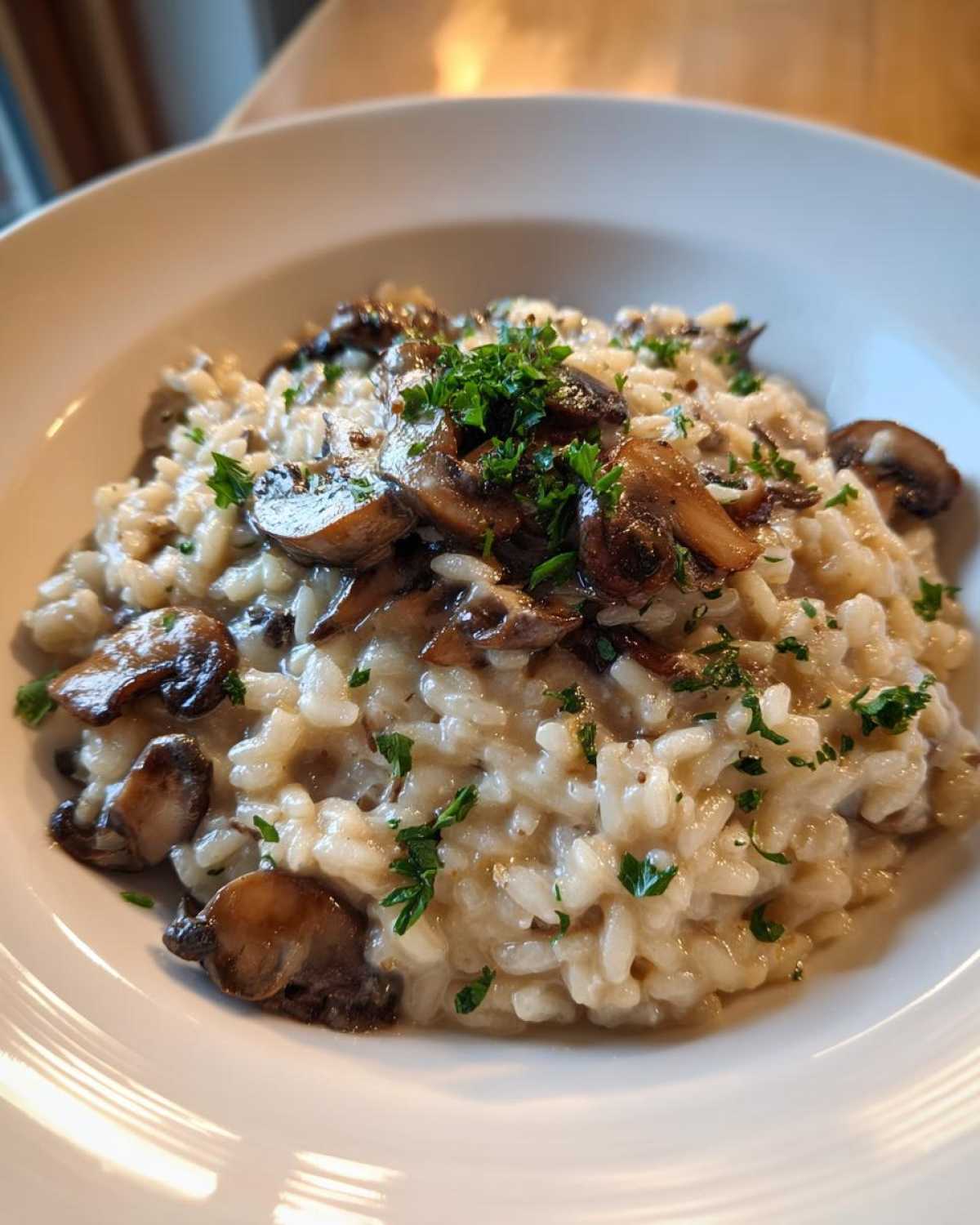 Zbliżenie na kremowe risotto grzybowe, obficie polane podsmażonymi grzybami i posypane natką pietruszki.