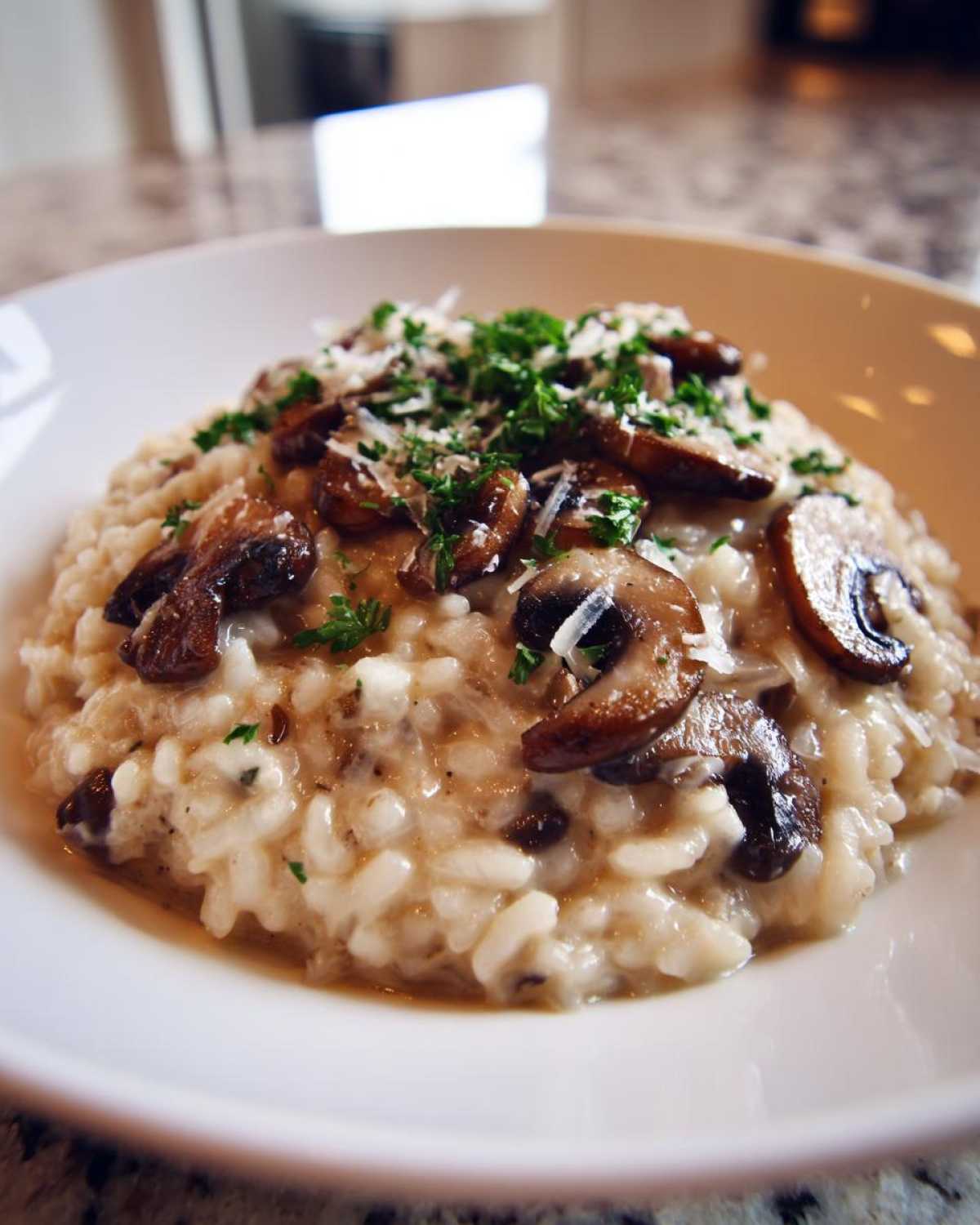 Zbliżenie na kremowe risotto grzybowe, podane w białej misce, posypane grzybami, serem i natką pietruszki.