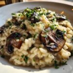 Zbliżenie na kremowe risotto grzybowe, obficie posypane posiekaną natką pietruszki.