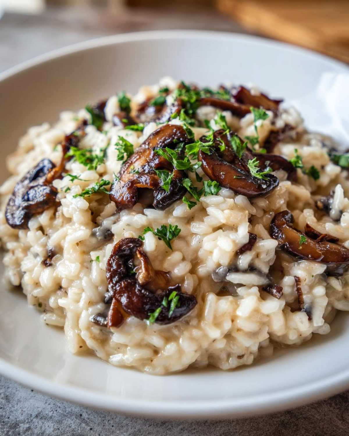 Zbliżenie na kremowe risotto grzybowe udekorowane ciemnymi, podsmażanymi grzybami i posiekaną natką pietruszki.
