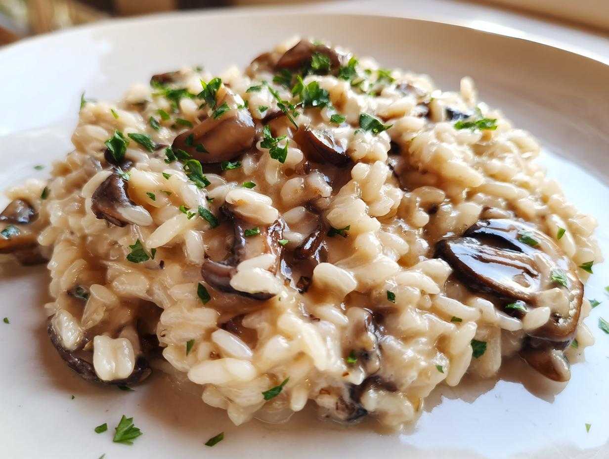 Zbliżenie na kremowe risotto grzybowe posypane świeżą, posiekaną natką pietruszki na białym talerzu.