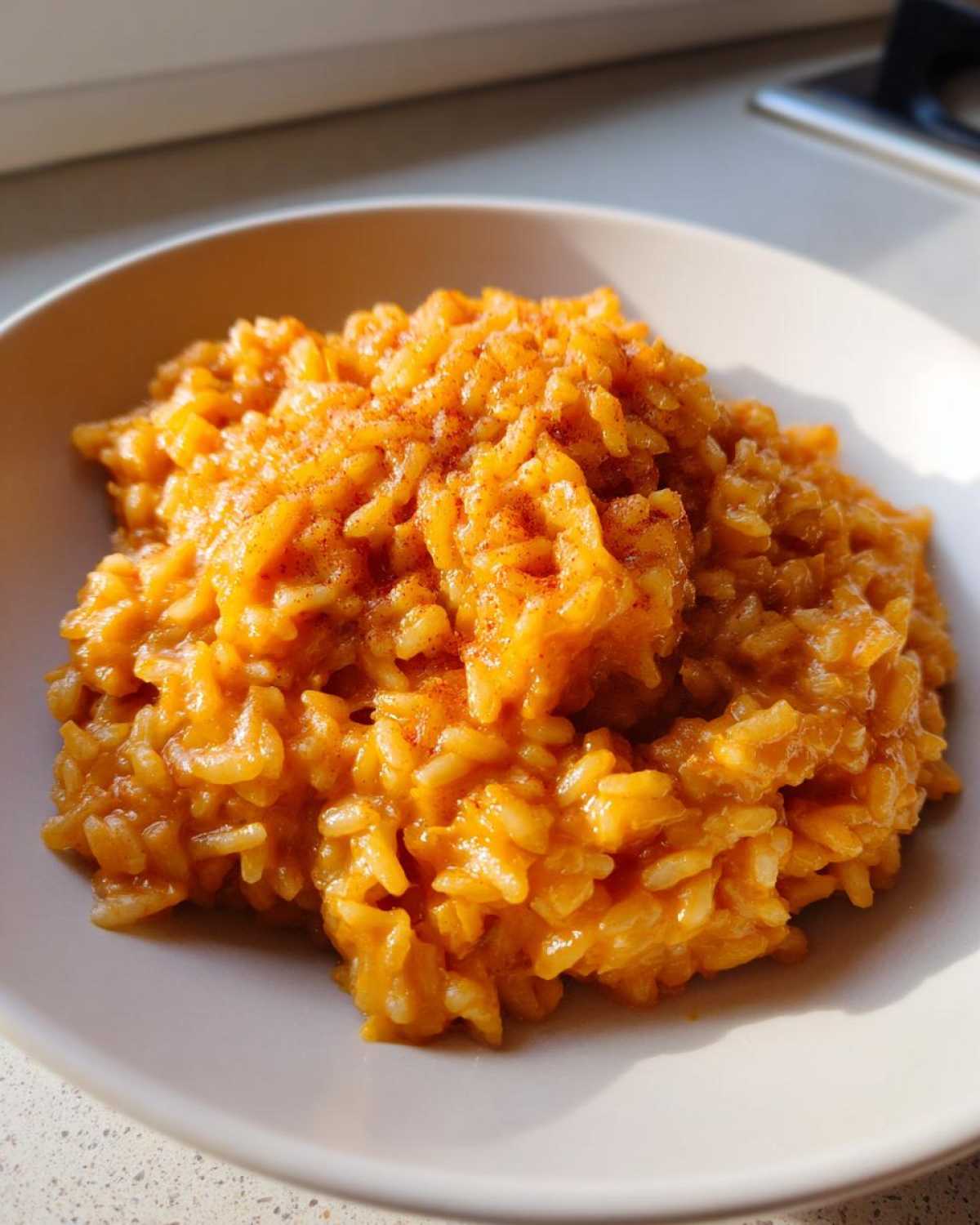 Zbliżenie na kremowe, pomarańczowe risotto z dyni posypane cynamonem lub papryką w jasnej misce.