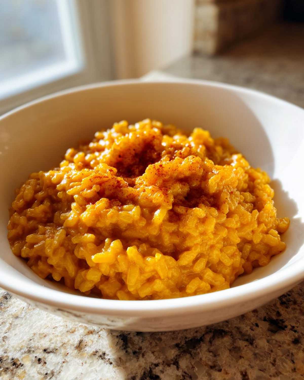 Zbliżenie na kremowe, pomarańczowe risotto z dyni posypane cynamonem w białej misce.
